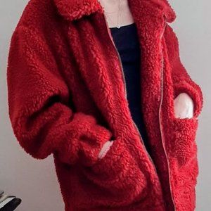 Garage Oversized Red Fuzzy Sherpa Jacket